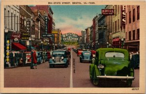 Postcard TN Bristol State Street Drugs Store Coca Cola Sign Shops Cars 1940s F32