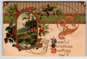 Christmas Postcard Swans Country Pond Lake Scenic Greetings Embossed 1909