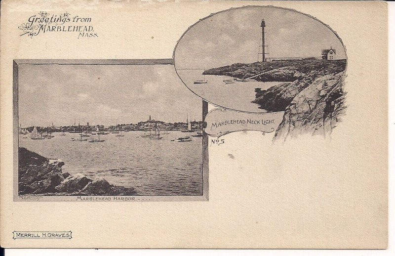 Marblehead MA, Lighthouse, Harbor View, Local Publisher Graves, Pre 1907