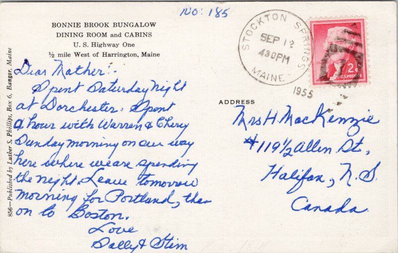 Bonnie Brook Bungalow Harrington Maine ME US Highway 1 c1955 Litho Postcard H15