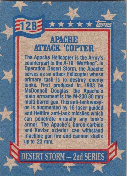 Military 1991 Topps Dessert Storm Card Apache Attack Helicopter sk21341