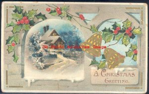 Christmas, Die Cut Hold-to-Light, Snow Covered House, Bells & Holly