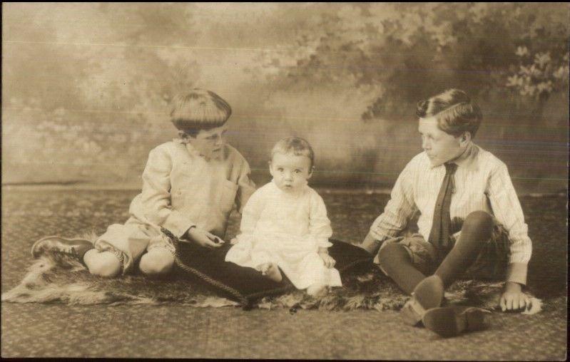 Sweet Boys & Baby on Animal Fur Rug Newport RI Studio Real Photo Postcard