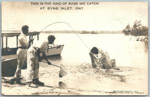 INLET ONT. CANADA FISHING EXAGGERATED ANTIQUE REAL PHOTO POSTCARD RPPC