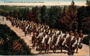 WWI Era Soldiers on the March, Camp Funston Fort Riley KS Vintage Postcard K52