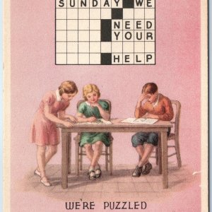 c1910s Church Attendance Crossword Puzzle Art Postcard Sunday School Fo Help A38