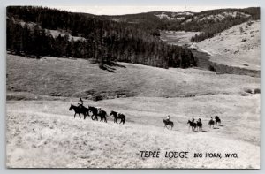 Riding Horseback At Tepee Lodge Big Horn Wyoming RPPC Real Photo Postcard V26
