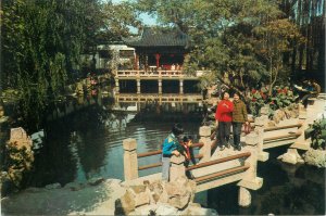 Postcard China Shanghai temple museum art writing statue rocks lion pond