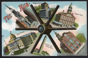 Massachusetts HUB BOSTON 6 Views Kings Chapel Bunker Hill pm1909 - Divided Back