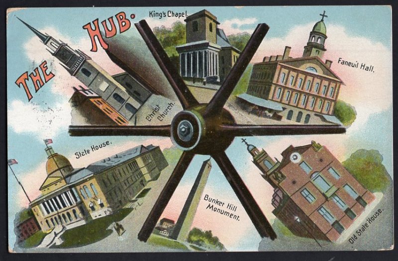 Massachusetts HUB BOSTON 6 Views Kings Chapel Bunker Hill pm1909 - Divided Back