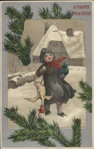 New Year - Boy w/ Dead Chicken or Turkey For Dinner c1910 Postcard