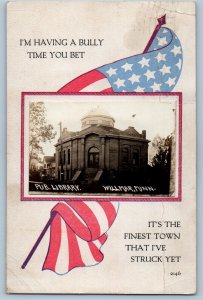 1913 Pub. Library Building Flag Willmar Minnesota MN RPPC Photo Antique Postcard