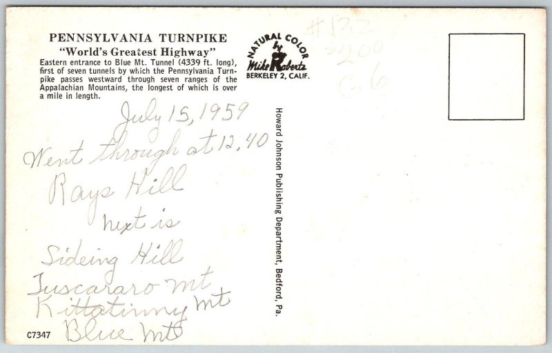 Pennylvania Turnpike 1959 Postcard Blue Mountain Tunnel