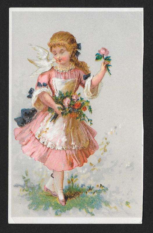 VICTORIAN TRADE CARD American Tea Co Pretty Lady in Pink Dress, Flowers & Dove