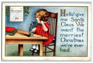 1916 Christmas Little Girl Telephone Santa Claus Berries Missoula MT Postcard