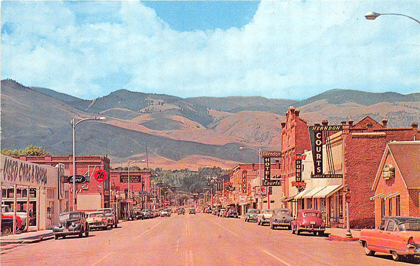Salmon ID Street View Storefronts Old Cars Roxy Movie Theatre Postcard