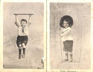 Children scene swing unit of 2 vintage postcards 1900`s 