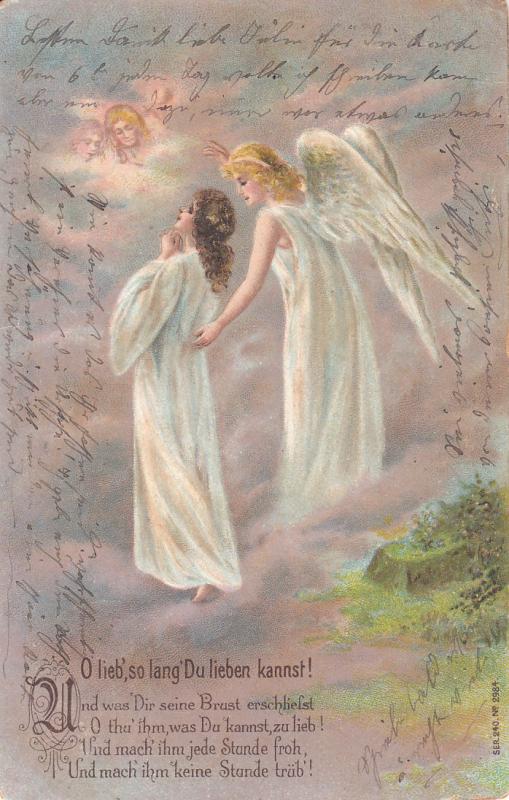 OLD 1904 GERMAN EMBOSS CHROMO LITHO POSTCARD ANGELS FANTASY ENGELS ANGES LOVE