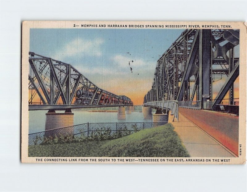 Postcard Memphis And Harrahan Bridges Spanning Mississippi River