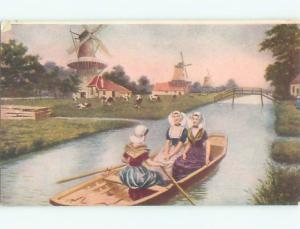 Pre-Linen THREE GIRLS IN BOAT ON CANAL IN NETHERLANDS AB8295