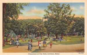 Lewiston, ME Maine  CHILDEN~PLAYGROUND At CITY PARK   ca1940's Linen Postcard