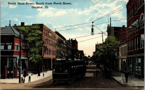 Postcard IL Decatur North Main St. South from North St. Streetcar C.1910 M20