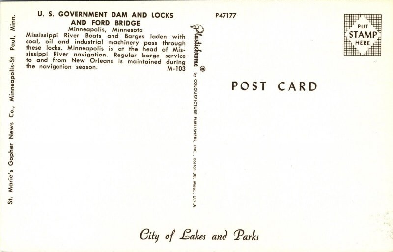 US Government Dam Locks Ford Bridge Minneapolis Minnesota MN Postcard VTG UNP  