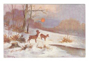 Artist Signed Deer Winter Wooded Landscape W.R.B. & Co Vienne Serie 22 Postcard