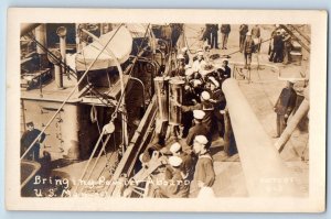 US Navy Ship Postcard RPPC Photo Bringing Powder Aboard c1910's Unposted Antique