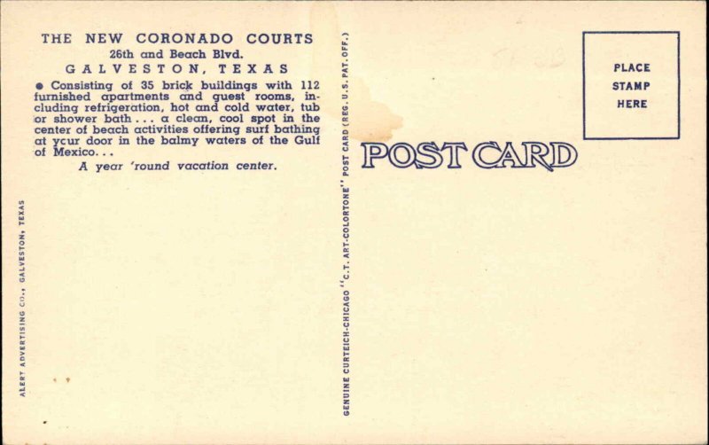 Galveston Texas TX Coronado Courts Hotel Linen Vintage Postcard
