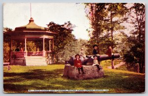 Cedar Rapids Iowa~Children Sit On Cannon~Band Stand~Bever Park~Vintage Postcard
