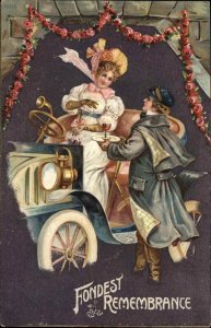 FONDEST REMEMBRANCE Boy and Girl in Old Car EMBOSSED c1910 Postcard