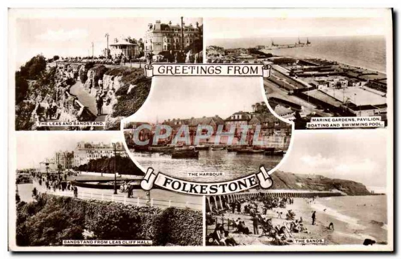 Old Postcard Greetings From The leads and Folkestone Bandstand The Sands Mari...