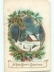 Pre-Linen christmas SNOW-COVERED HOUSE WITH HOLLY k1052