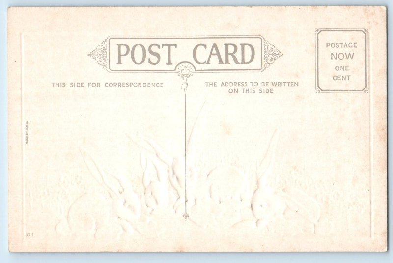 c1910's Easter Gladness Bunnies Rabbit Eating Carrots Embossed Antique Postcard