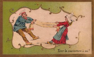 Victorian Trade Card Samaritaine Paris Tirer la Couverture à soi! L1