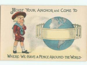 Pre-Linen BOY LOOKING AT PLANET EARTH GLOBE AC2050@