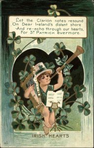 St Patrick's Day Fantasy Little Irish Boy Harp Sheet Music Horn c1910 Postcard