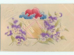 Pre-Linen valentine ART NOUVEAU - EMBOSSED BASKET OF HEARTS AND FLOWERS k5569