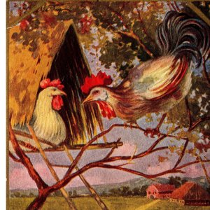 Rooster and Hen on l adder Roost A Peaceful Easter Greetings Embossed Postcard