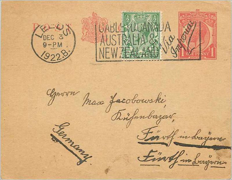 Entier Postal Stationery Postal Britain Great Britain Leeds in 1922 to Germany