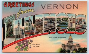 Large Letter Linen VERNON, Illinois IL ~ MARION COUNTY c1940s Tichnor Postcard