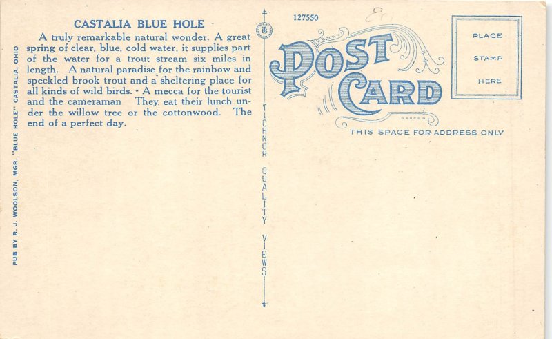 Castalia Ohio 1930s Postcard Spillway and Park at Blue Hole