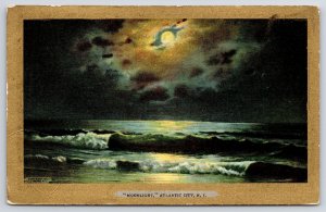 Moonlight Atlantic City New Jersey NJ Hand Colored Scenic Ocean View  Postcard