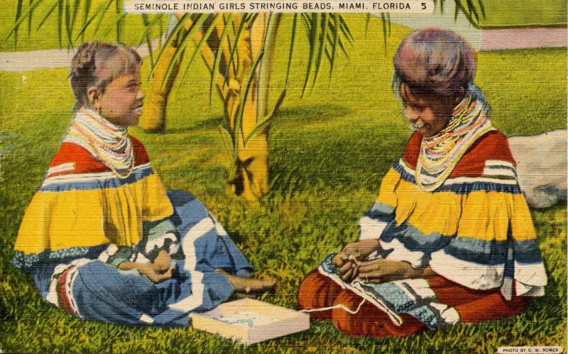 FL - Seminole Indians, Girls Stringing Beads