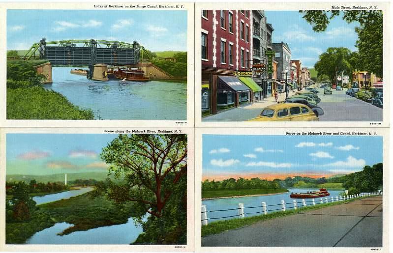 (4 cards) Herkimer NY New York Barge Canal - Main Street - Mohwak River - Linen