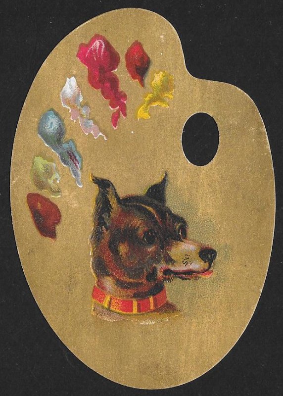 VICTORIAN TRADE CARDS (3) Stock Cards Cute Dogs on Diecut Palettes of Paint