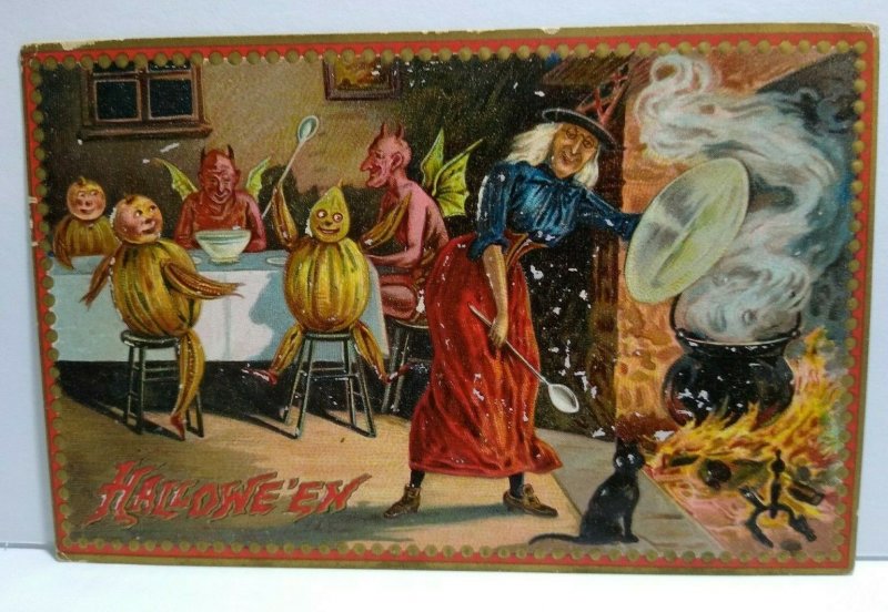 Halloween Postcard Tucks Original Devils & Gourds Dining Witch Brewing No 160