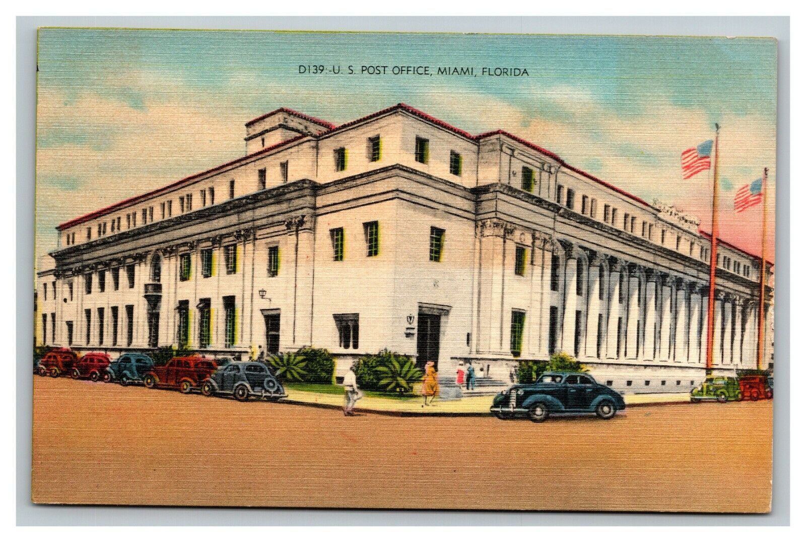 Vintage 1930's Postcard Panoramic View Antique Cars US Post Office Miami Florida United States