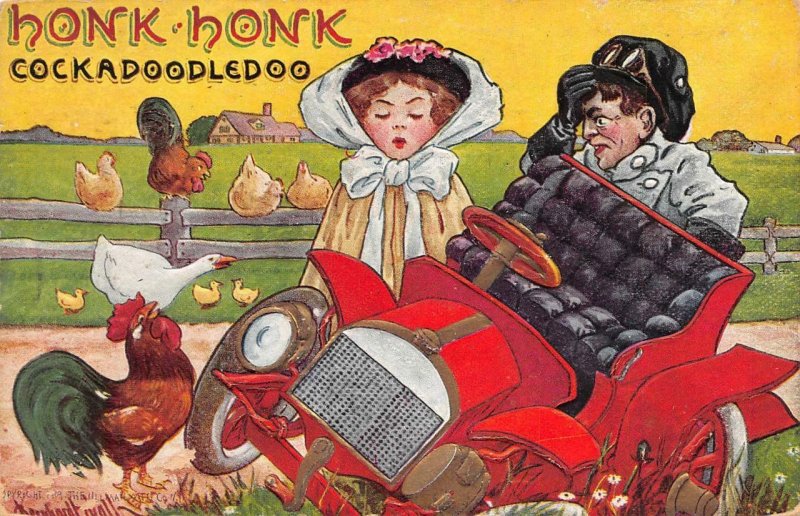 Comic HONK HONK~Cockadoodledoo  COUPLE & BROKEN DOWN CAR  Embossed 1911 Postcard